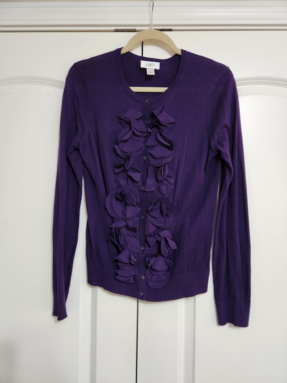 LOFT  Purple 3D Floral Whimsical  Applique Front Button  Vintage Cardigan
